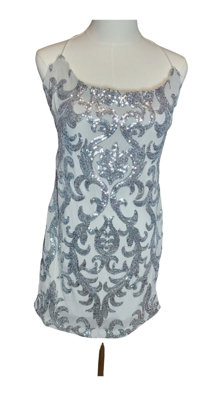 #4 B. Darlin Sequin Damask Bodycon Mini Dress White Silver Juniors XL